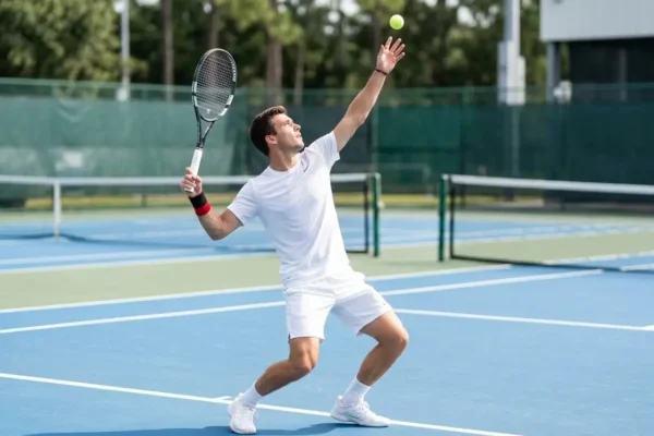 Tennis player in trophy position during serve practice at Reno Tennis Center — ball toss and racquet drop technique