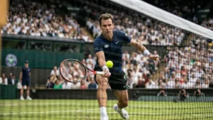 Professional tennis player executing a neutral stance forehand inside the court, stepping forward with perfect weight transfer on a grass court.