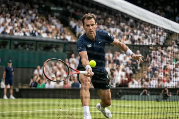 Professional tennis player executing a neutral stance forehand inside the court, stepping forward with perfect weight transfer on a grass court.