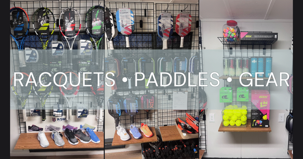 Tennis and pickleball gear wall at the Reno Tennis Center pro shop