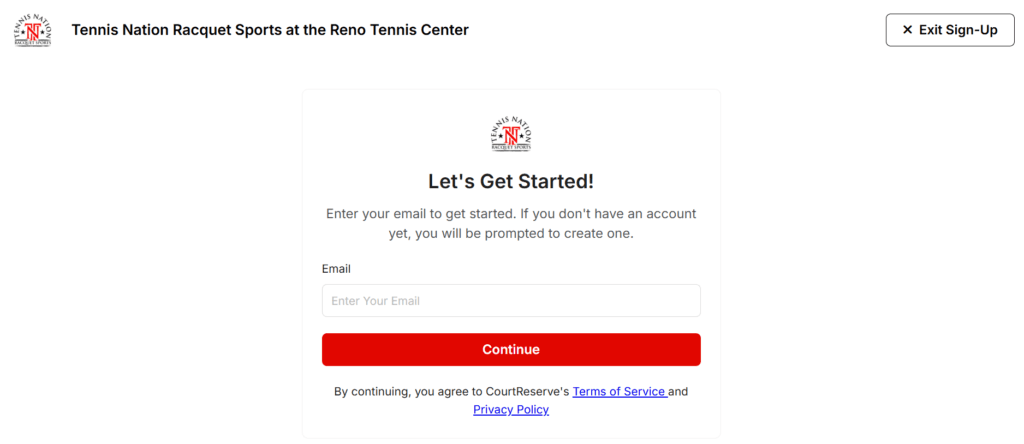 creating a CourtReserve account for Reno Tennis Center