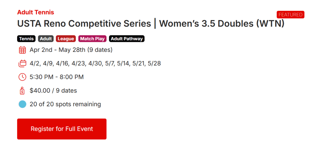 CourtReserve tennis league registration Reno Tennis Center