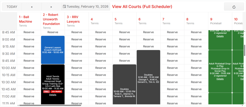 CourtReserve tennis court reservation grid for Reno Tennis Center