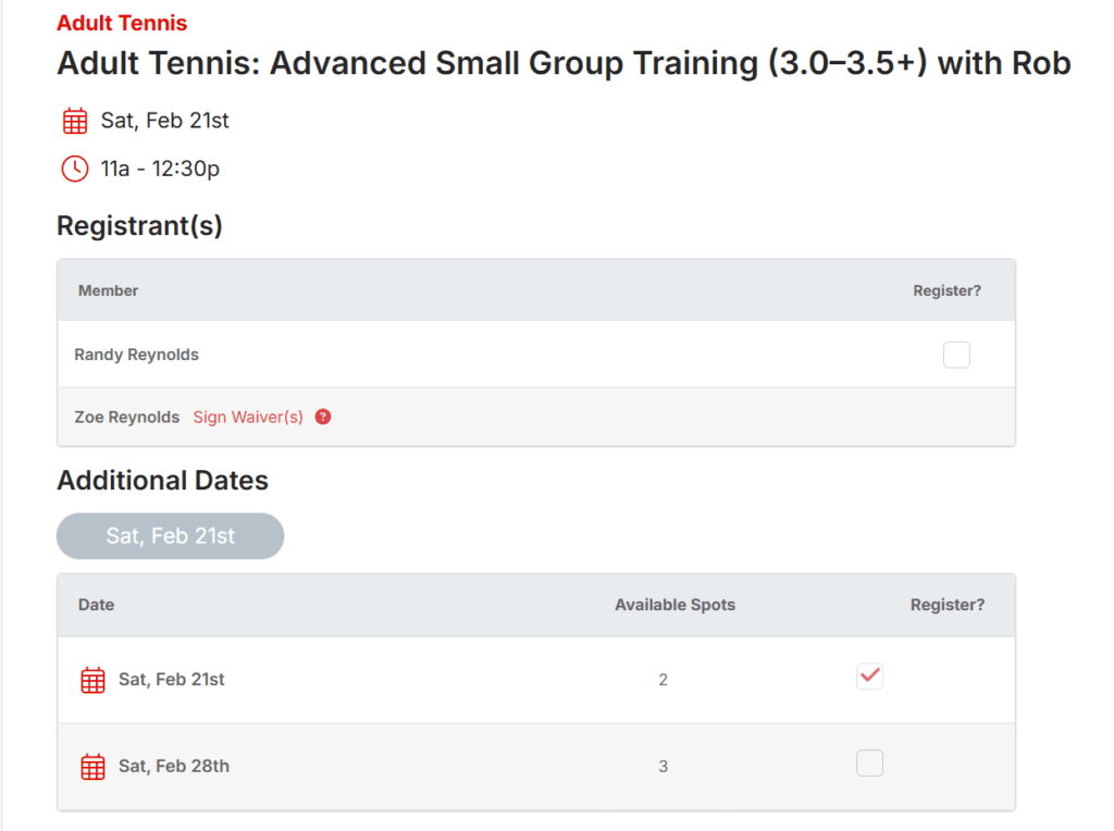 CourtReserve tennis class registration Reno Tennis Center